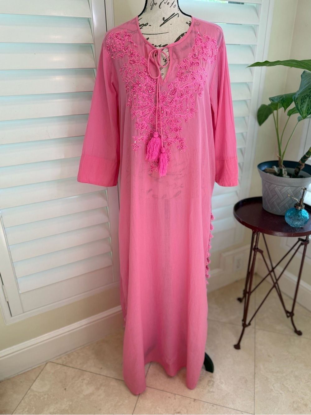 Antica Sartoria Pink Embroidered Sequin Caftan Tunic Dress with Tassels S/M